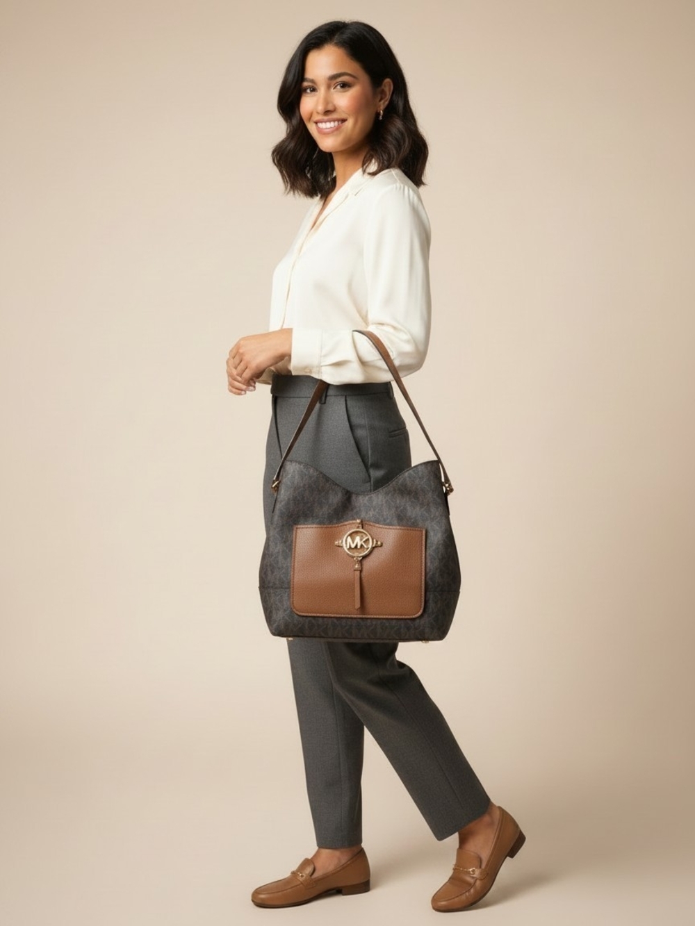 Michael Kors Brown Front-Pocket Shoulder Bag with Charcoal Monogram